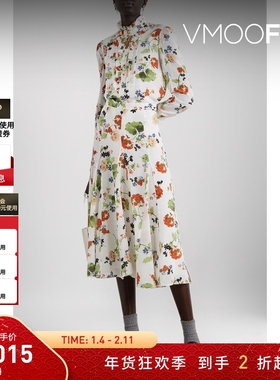 【折扣】Erdem 褶裥花卉印花真丝双绉中长半身裙