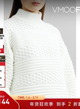 【折扣】CFCL 秋冬半高领女短款宽松白色绞花毛衣