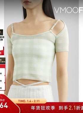 【折扣】Nume 女格纹针织上衣罗纹抹胸上衣套装