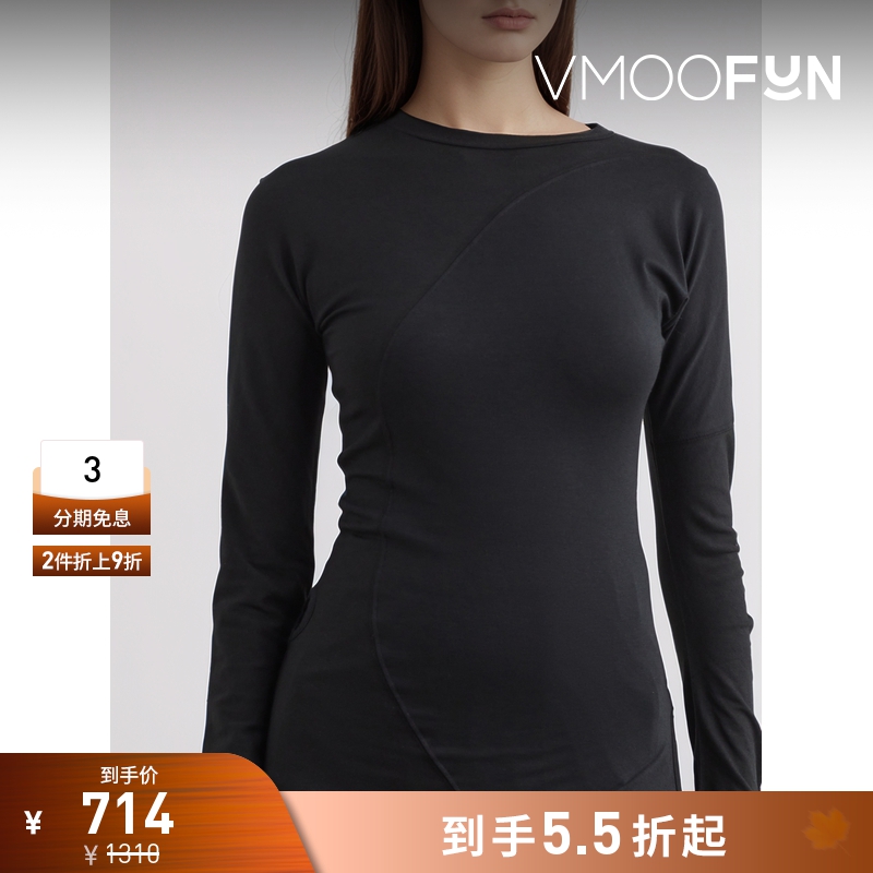 【折扣】LOW CLASSIC 女黑色不对称棉质混纺打底衫上衣