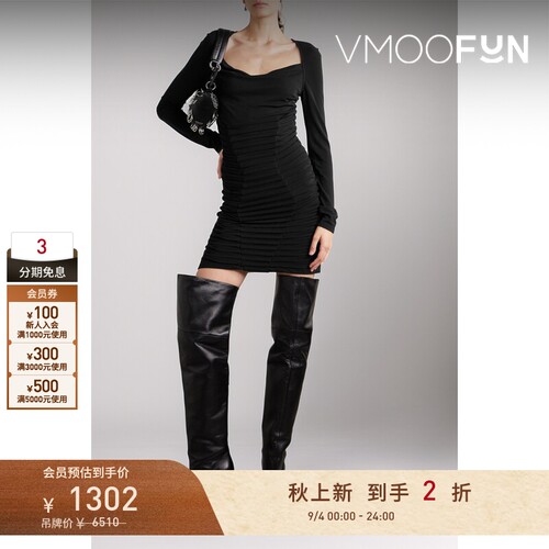 【折扣】Dion Lee 春夏女车缝褶弹力迷你小黑裙长袖连衣裙