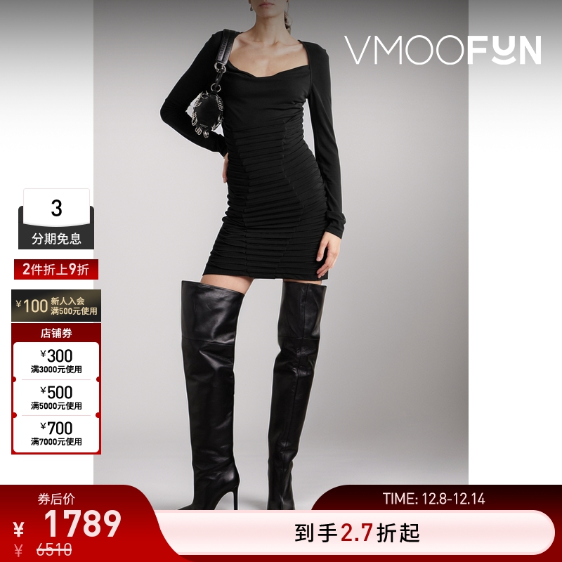 【折扣】Dion Lee 女车缝褶弹力迷你小黑裙长袖连衣裙