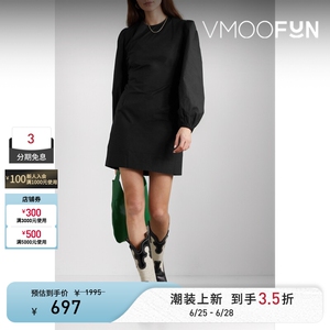 GANNI 春夏女露背棉质迷你纯色小黑裙长袖连衣裙