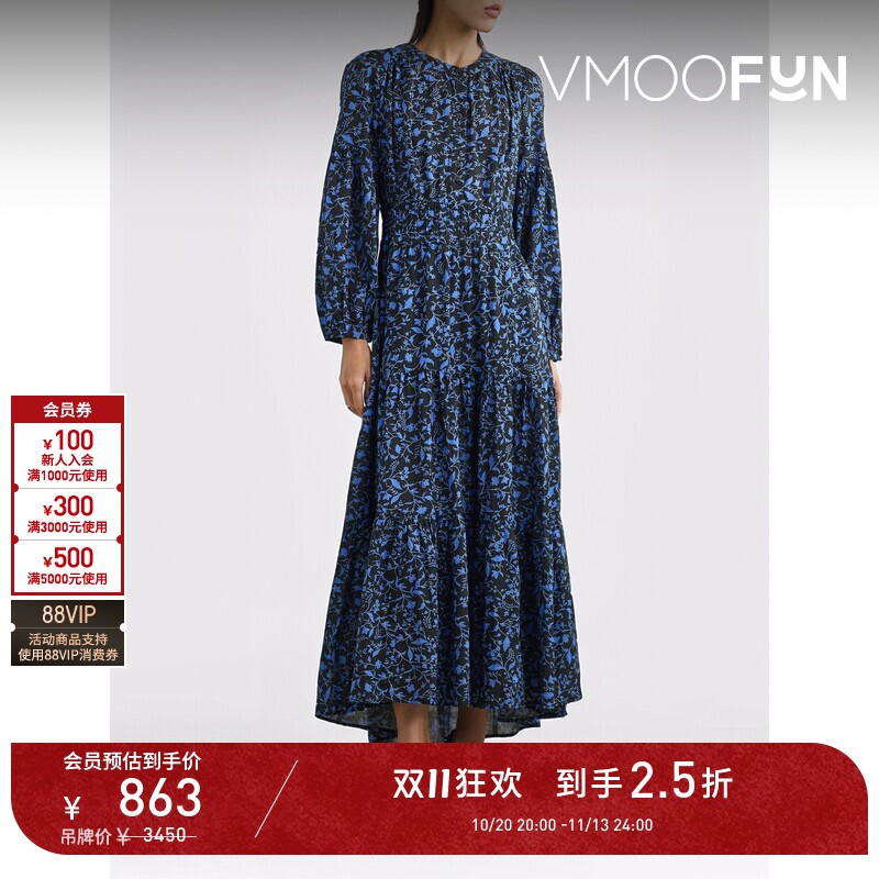 【D11折扣】CEFINN春夏女士花卉印花平纹布超长连衣裙