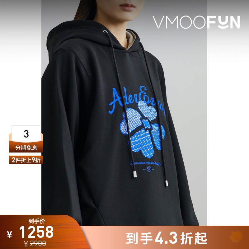 【折扣】Ader Error女四叶草刺绣棉质黑色连帽卫衣
