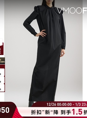 【折扣】Raf Simons 女庄重典雅黑色褶饰棉质府绸超长连衣裙