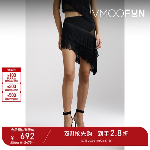 【D11抢先购】Norma Kamali春夏女士不对称流苏网布迷你半身裙