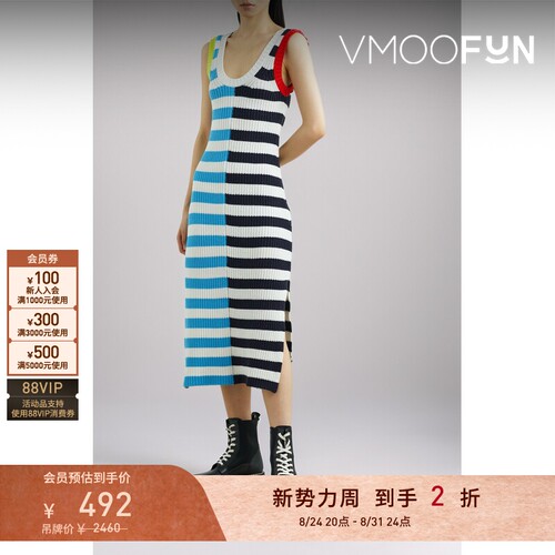 【折扣】STAUD 春夏女条纹罗纹棉质混纺针织中长连衣裙