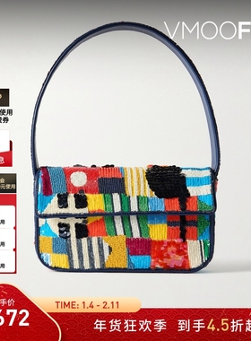 【新年礼物】STAUD女士珠饰人造皮革边饰缎布单肩包