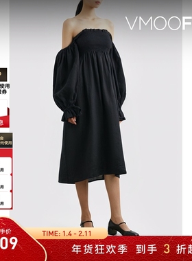 【折扣】Sleeper 女露肩亚麻中长连衣裙小黑裙