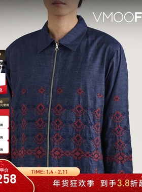 【折扣】YMC 早春男蓝色刺绣棉质钱布雷布夹克