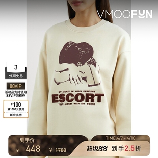 末折扣 YCH 秋冬女印花棉质混纺落肩白色卫衣 季