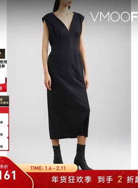【折扣】Mame Kurogouchi 早秋女羊毛中长V领连衣裙小黑裙