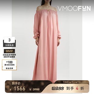 SLEEPER春夏女士露肩褶饰缎面斜纹布超长连衣裙