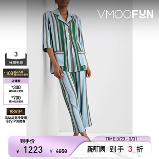 Sleeper 春夏女羽毛边饰条纹绉纱睡衣套装