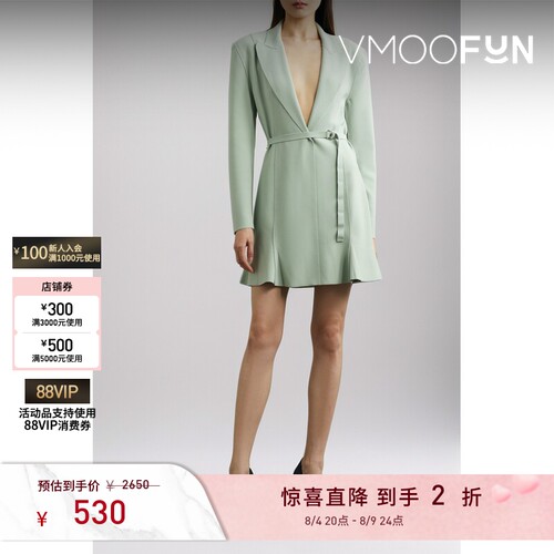 【夏季特惠】Norma Kamali 春夏女配腰带大V领迷你长袖连衣裙