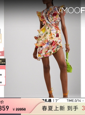 Zimmermann 春夏女荷叶边拼缝印花连衣裙