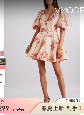 Zimmermann 春夏女士花卉印花真丝亚麻混纺迷你连衣裙