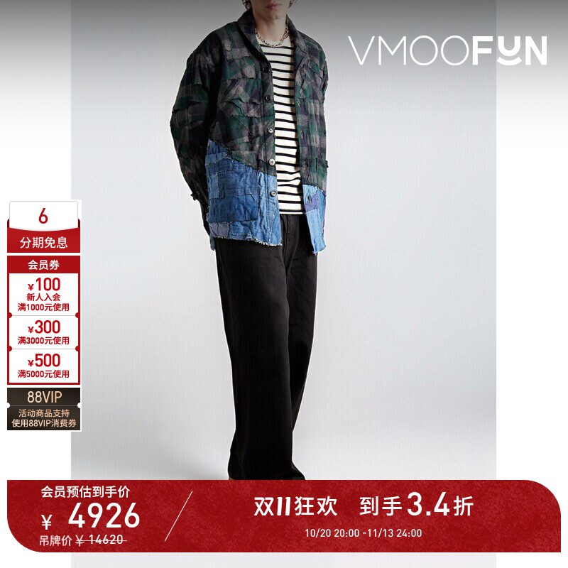 【D11折扣】GREG LAUREN 秋冬男牛仔布拼接法兰绒衬衫式外套