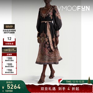 【折扣】Zimmermann 秋冬女配腰带印花丝麻欧亘纱中长连衣裙