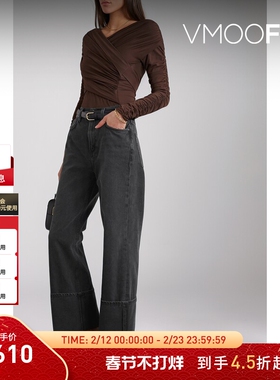 【折扣】GoldSign女士仿旧高腰阔腿黑色牛仔裤