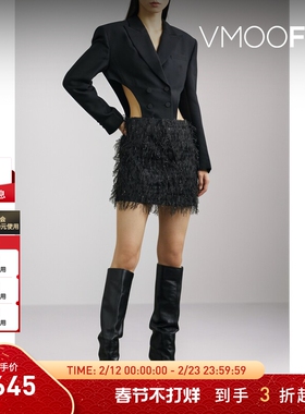 【折扣】YCH 秋冬女羊毛真丝拼接提花面料小黑裙长袖连衣裙