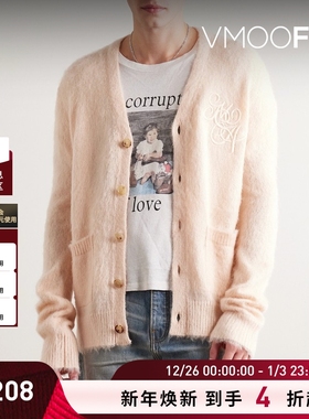 【折扣】Amiri 秋冬男粉红色品牌标志刺绣拉绒针织开襟衫毛衣