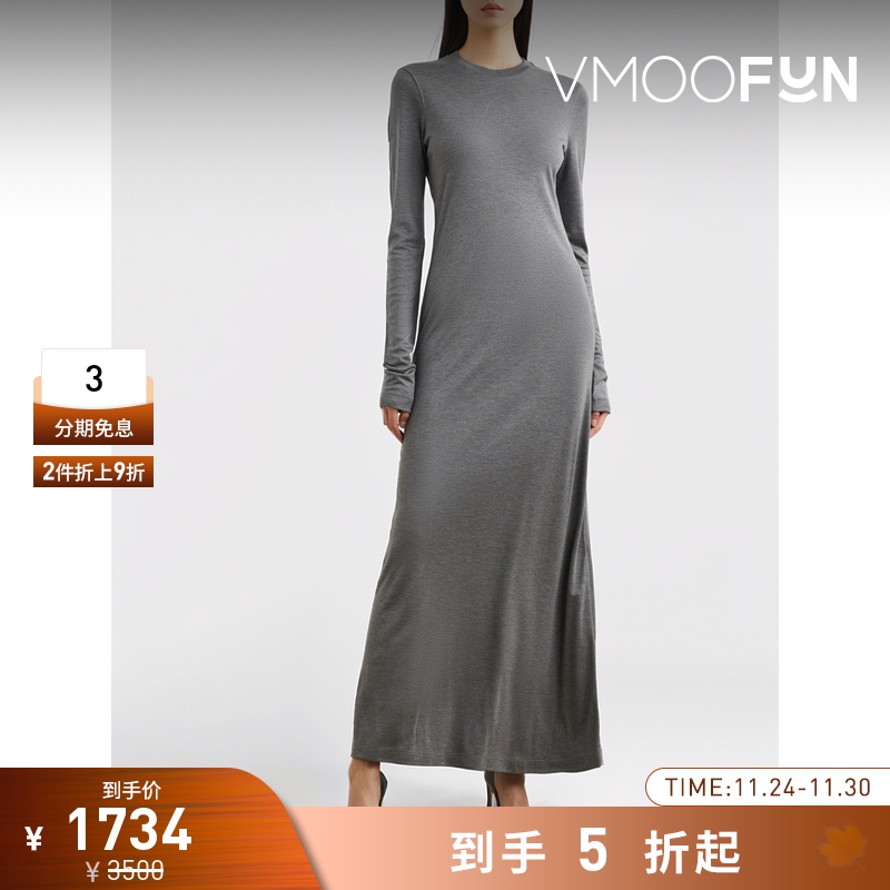 【折扣】TOTEME 女士简约圆领深灰色莱赛尔纤维超长连衣裙