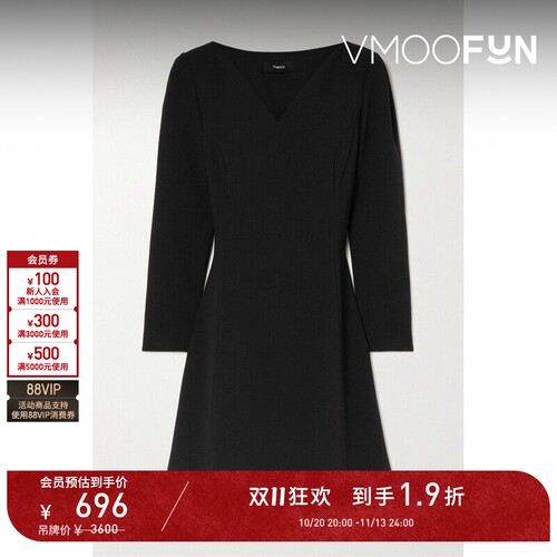 【D11折扣】THEORY春夏女士卡迪面料迷你黑色中裙连衣裙