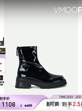 【季末折扣】By Far 秋冬女士黑色亮面粗跟时尚皮革踝靴