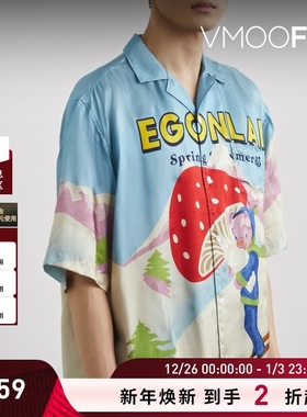 【折扣】EGONLAB 夏季男女同款宽松印花缎布短袖衬衫