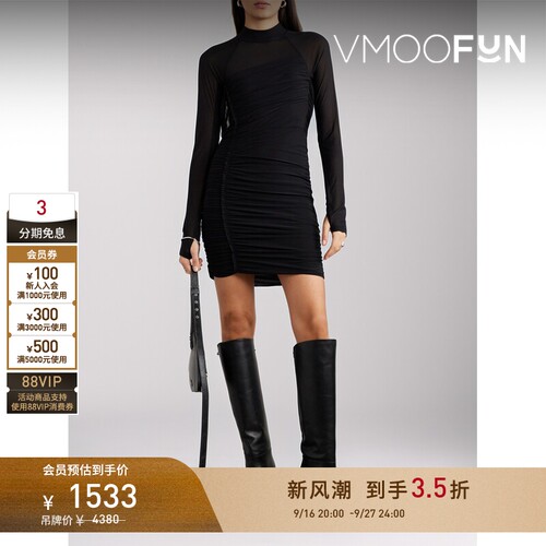 【折扣】Helmut Lang 春夏女垂褶分层式绉纱小黑裙连衣裙