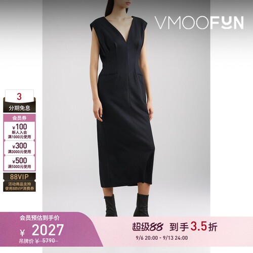【折扣】Mame Kurogouchi 秋冬女羊毛中长V领连衣裙小黑裙