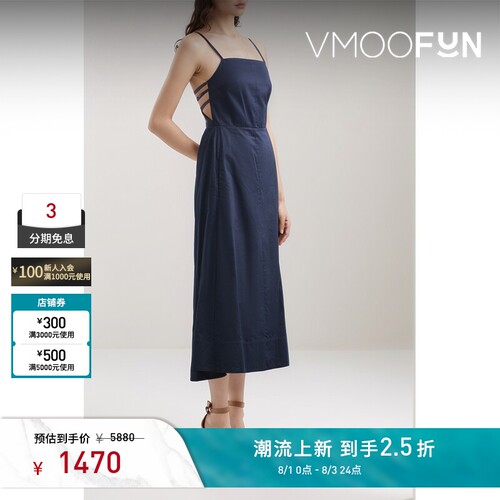 Tibi 女精致潇洒深蓝色露背棉质府绸中长连衣裙