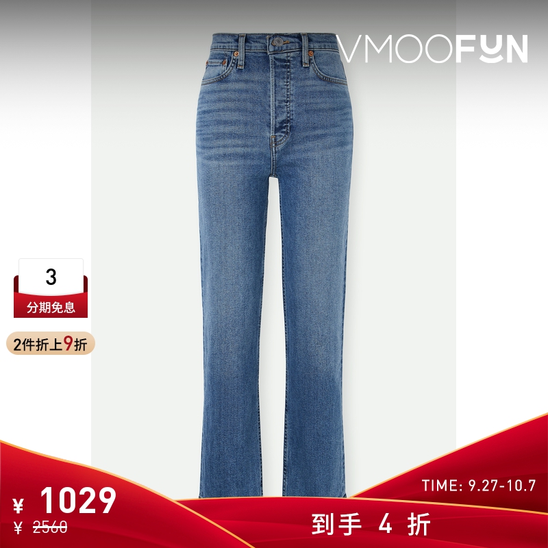 【折扣】Re Done 女怀旧高腰窄腿直筒九分蓝色牛仔裤