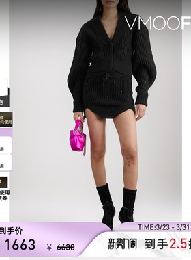 【季末折扣】David Koma秋冬女带缀饰罗纹羊毛混纺针织开襟衫