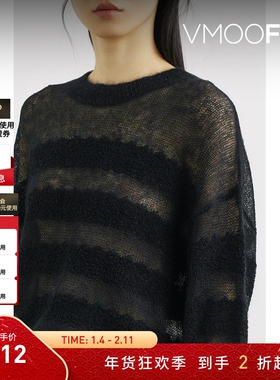 【折扣】RtA 秋冬女条纹挑窿马海毛混纺针织毛衣