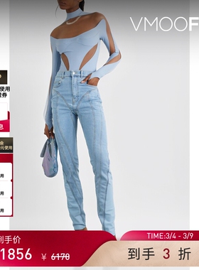 【38焕新周】Mugler 女弹力边饰高腰紧身蓝色牛仔裤