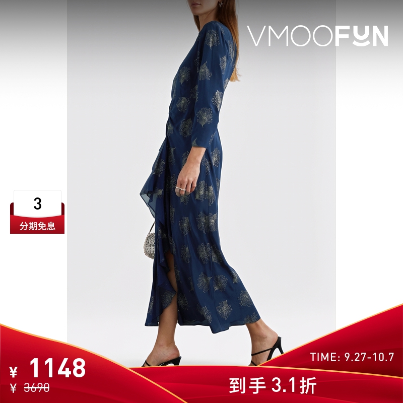 【折扣】Rixo  女露背荷叶边亮片金葱真丝法式长袖连衣裙