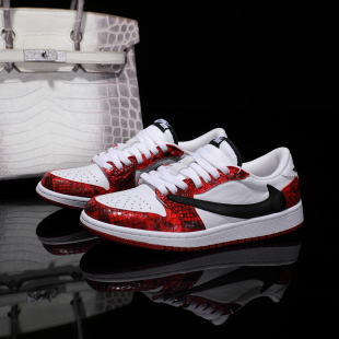 潮鞋 Nike耐克 Jordan1红白蟒蛇皮蛇年刺绣情侣款 Air 定制球鞋