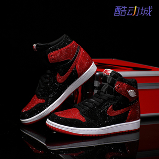 Nike耐克 【定制球鞋】Air Jordan1黑红禁穿高帮满钻情侣款潮鞋