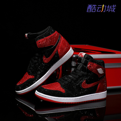 Nike耐克 【定制球鞋】Air Jordan1黑红禁穿高帮满钻情侣款潮鞋