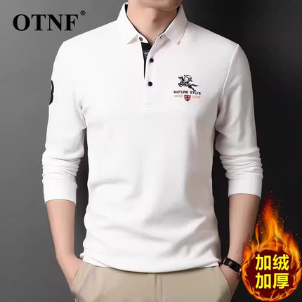 加绒polo衫男长袖纯棉t恤翻领秋冬季加厚卫衣纯色打底衫保暖上衣