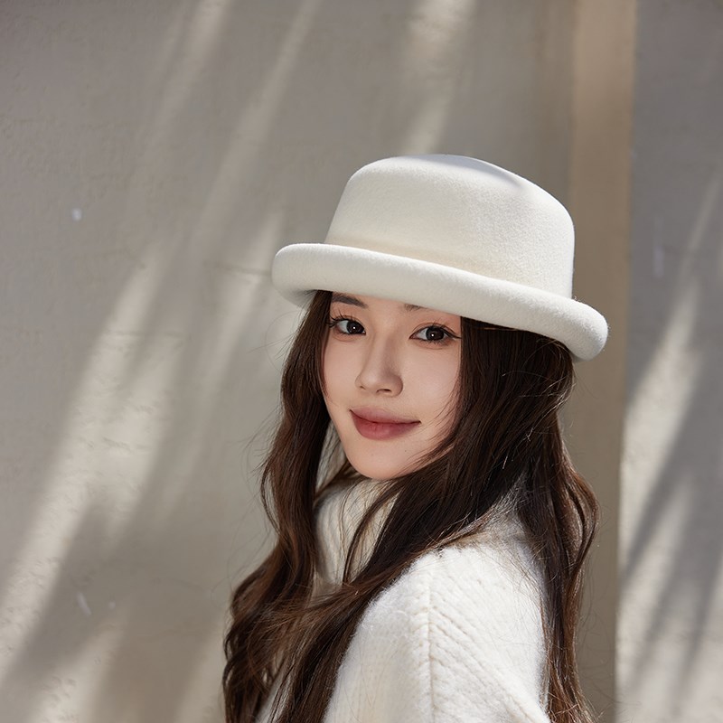 纯羊毛礼帽女2025新款秋冬法式复古卷边丸子礼帽休闲毛呢百搭厚卷