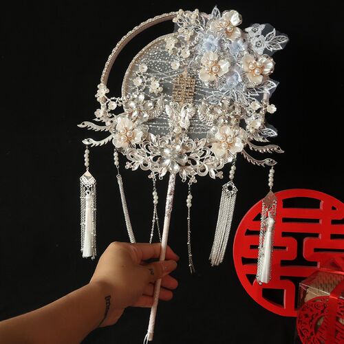 婚礼团扇新娘结婚扇子成品蓝色秀禾服喜扇出嫁遮面扇高级中式手工