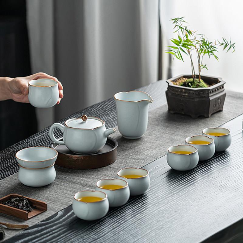 月白汝窑功夫茶具套装家用高档开片大师级2026新款盖碗茶杯礼盒装