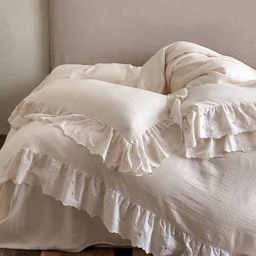 法式复古皱感全棉双层纱四件套纯色蕾丝立体花朵刺绣被套床上用品