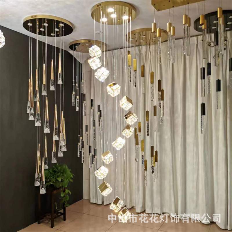 楼梯吊灯轻奢别墅跃层挑空客厅水晶长吊灯复式loft公寓楼梯间灯具