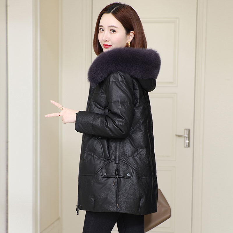 海宁皮衣外套女2025新款爆款冬季加绒中长款连帽狐狸毛领妈妈皮袄,女装/女士精品,皮衣,淘宝优惠券,粉丝福利购,淘宝优惠卷