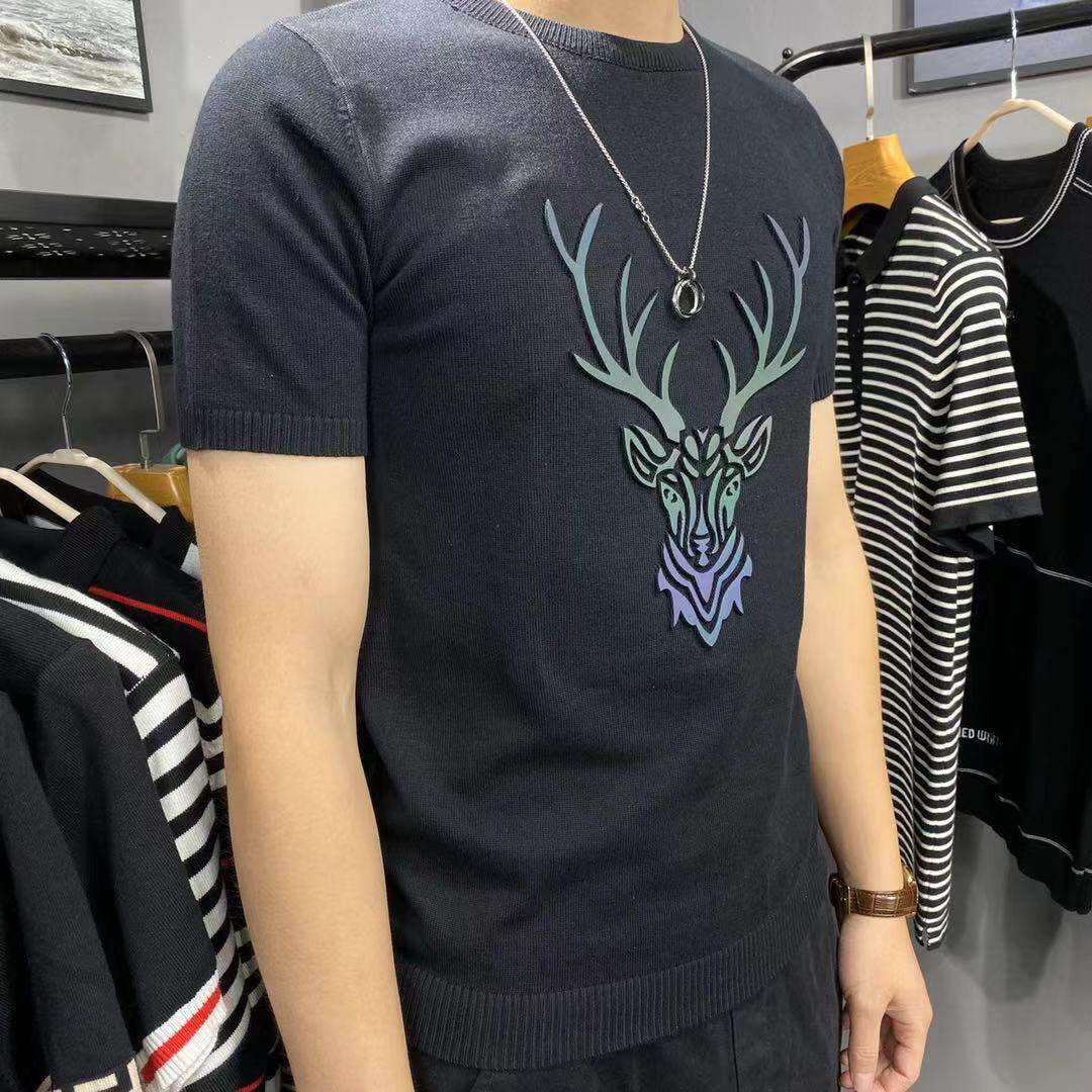 春季毛衣男修身印花工艺鹿头图案针织半袖潮休闲短袖圆领男士时尚